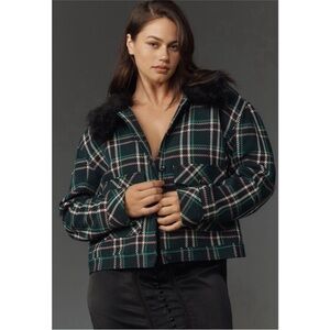 Anthropologie Maeve Collar Coat Women Green Plaid Crop Faux Fur Retro 2X